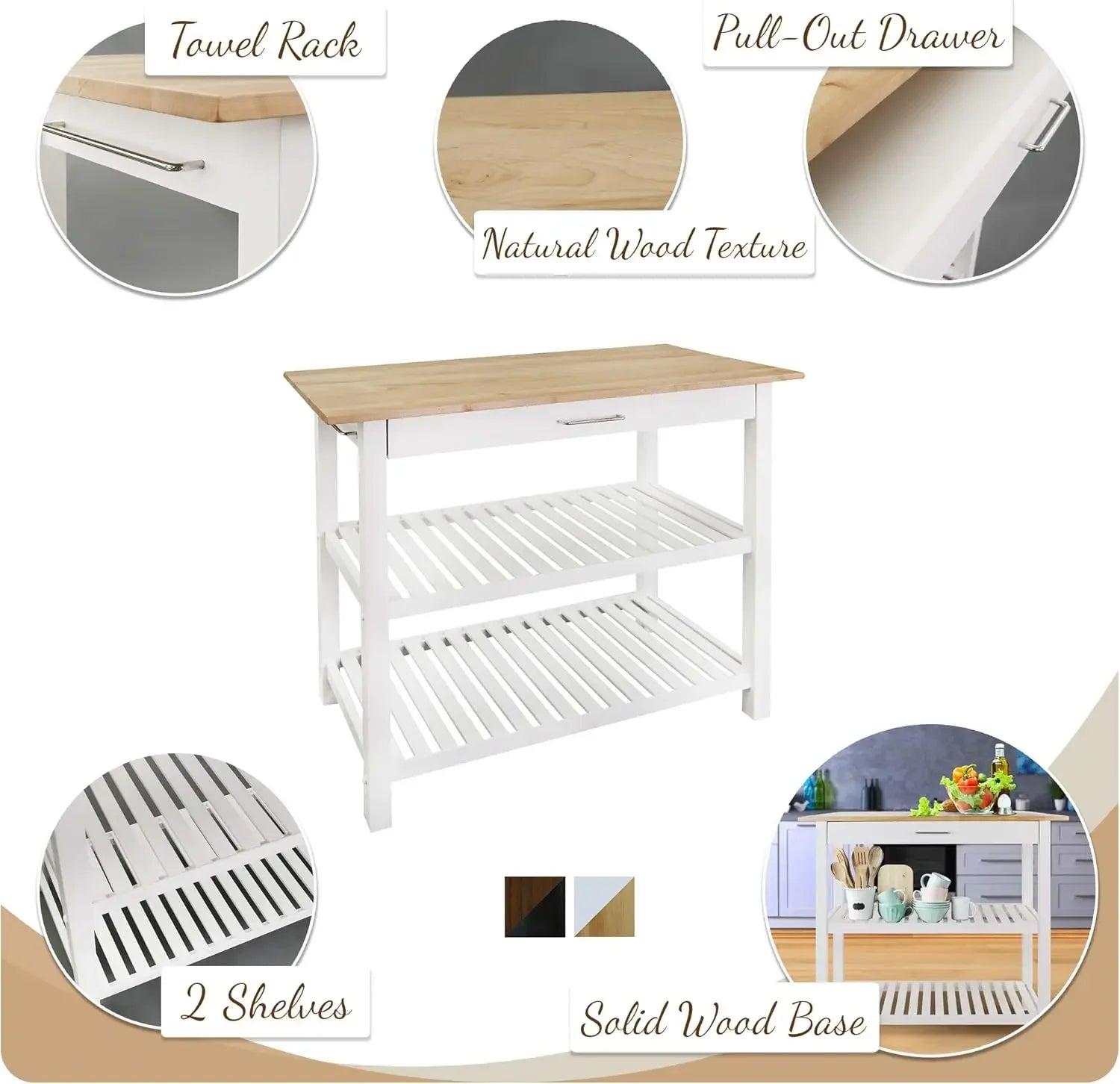 Solid Hardwood Top Natural/White Kitchen Island Natural&White Solid Wood Top Durability and Longevity Ample Storage Space