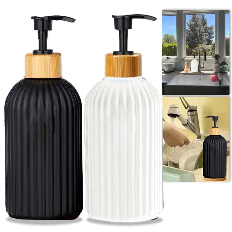 500ml Strip Soap Dispenser With Bamboo Pump Refillable Bottle Shampoo Conditioner Lotion Body Wash Empty Container For Bathroom