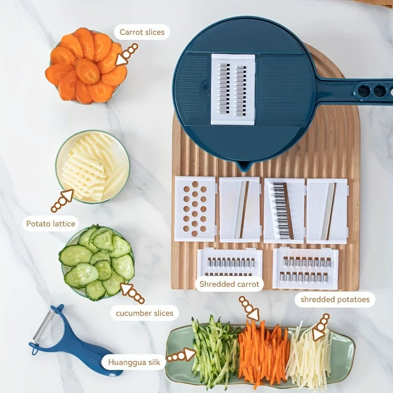 12-in-1 Multi-Functional Vegetable Chopper and Slicer - Perfect for Commercial Kitchens Cutting, Shredding, and Grating Carrots.