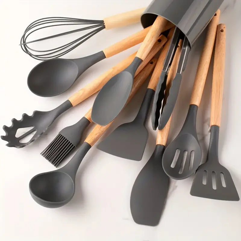 12pcs/set, Silicone Cooking Utensils Set With Wooden Handle, Colorful Non-stick Pot Special Cooking Tools Set, Heat Resistant