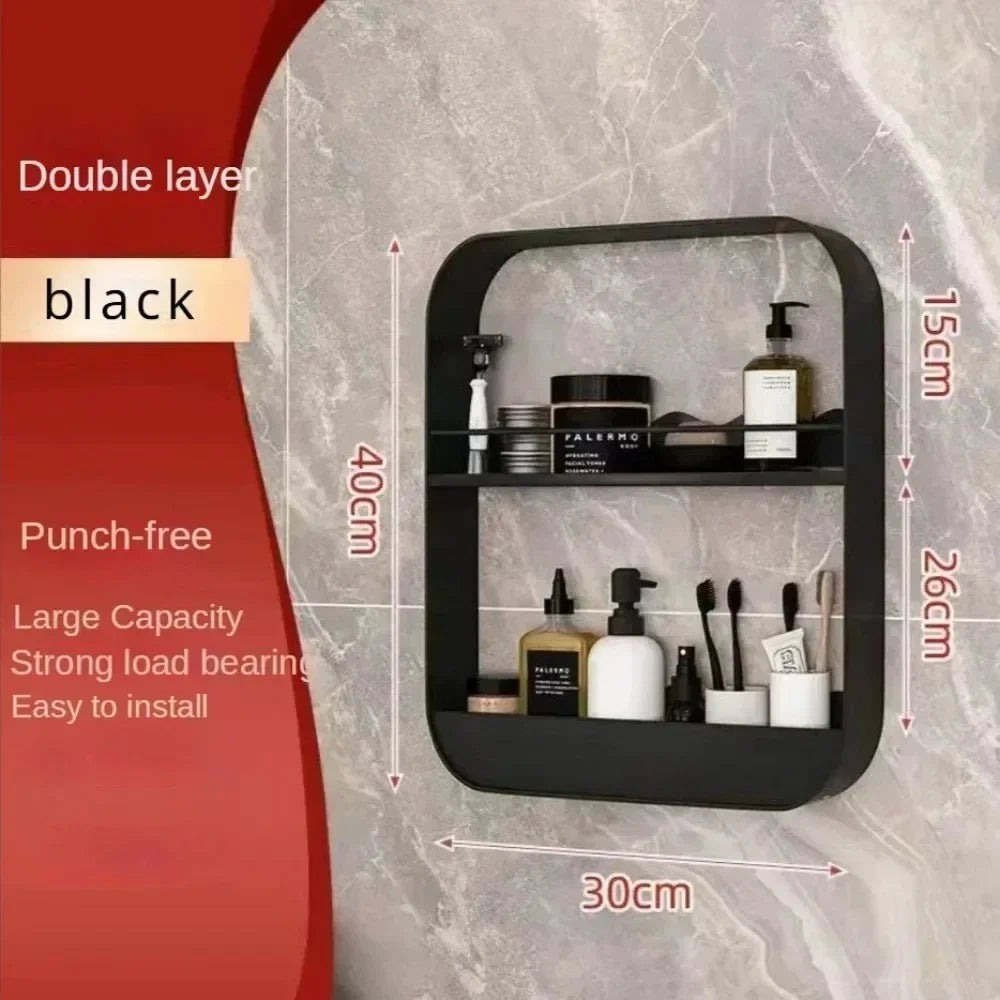 2 Layers Bathroom Organizer Shelves Rack Wall Mounted Punch-Free Storage Racks Seasoning Bottle Storage Trendy Kitchen Shelf