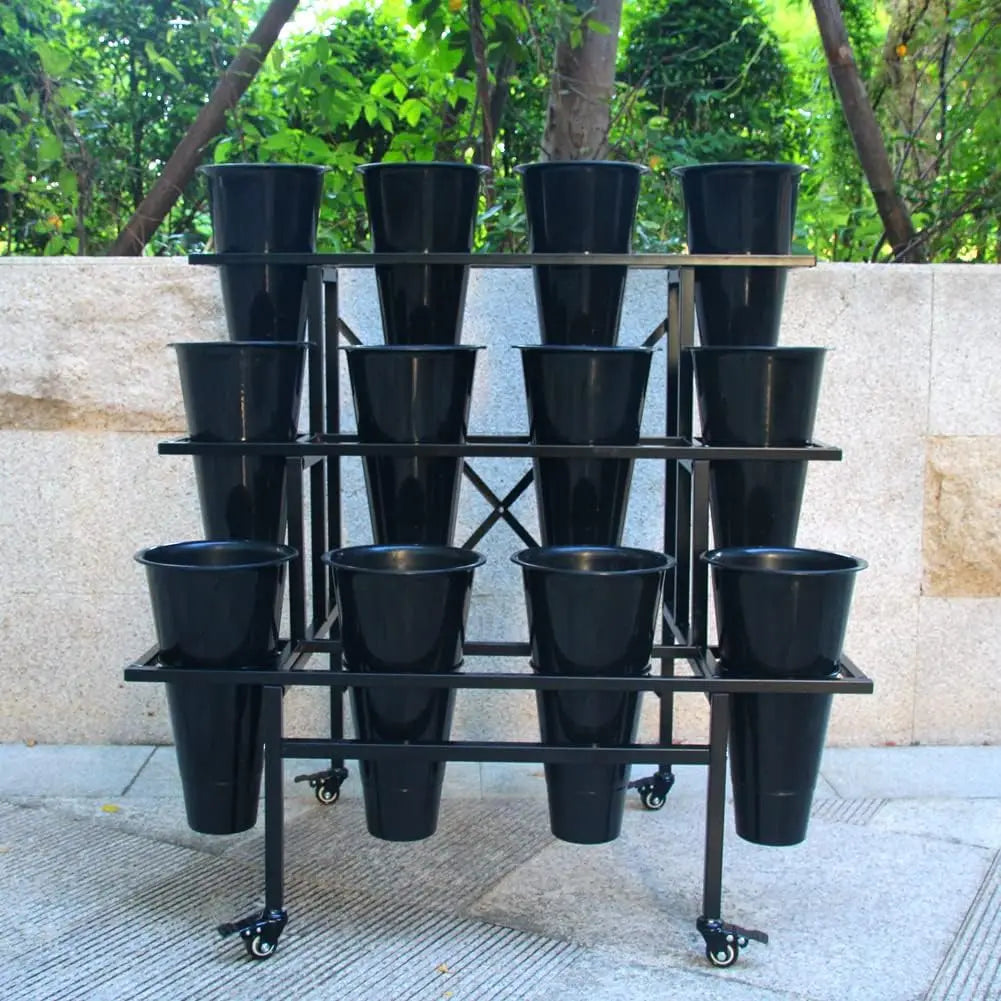 Moving Plant Stand with Wheels Heavy Duty Garden Cart Display Flower Shelf with 12pcs Plastic Buckets for Fresh Flowers