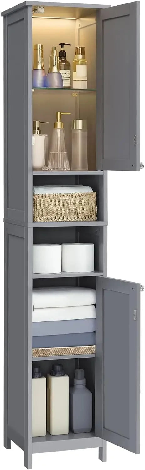 Tall Bathroom Cabinet with Lights, Slim Bathroom Storage Cabinet, Freestanding Narrow Cabinet with Adjustable Shelves