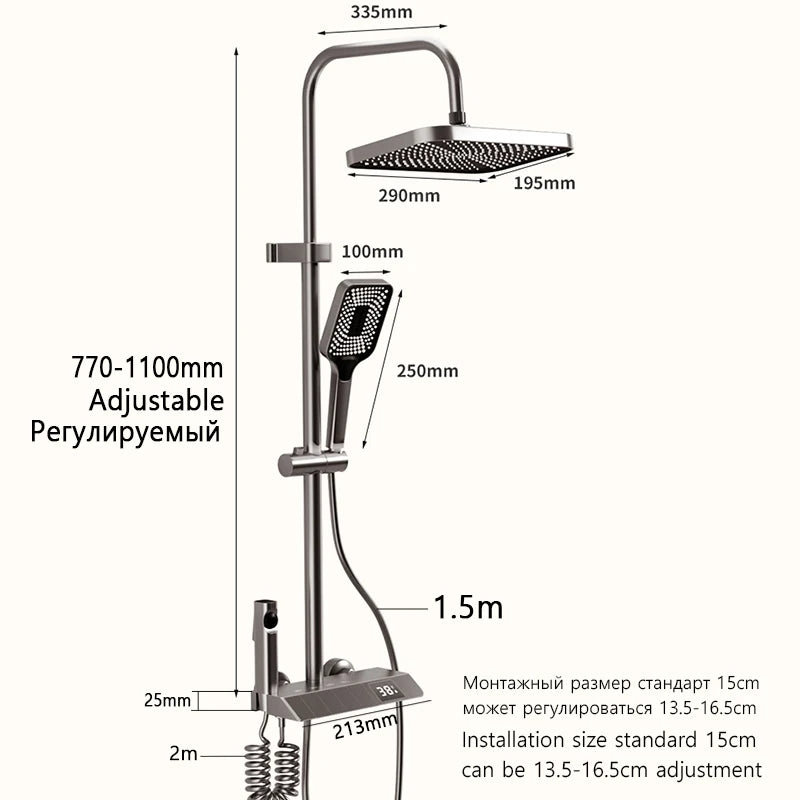 Bathroom Shower Full Set Black White Gray Bathtub Shower System Rain Pressurized Digital LED Shower Sets Hot Cold Shower Faucet