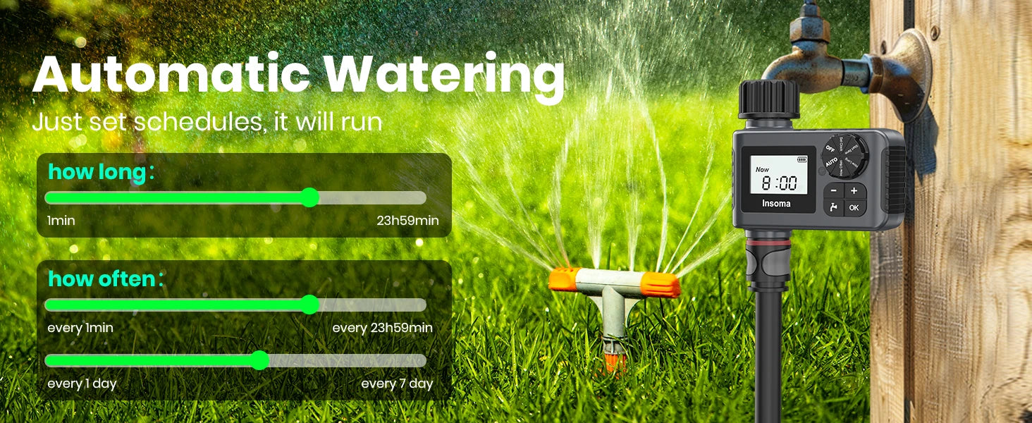 Insoma Automatic Water Timer Intelligent Irrigation Watering System Sprinkler Timer Garden Programmer Equipment IPX5 LCD Display