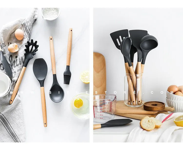 12Pcs Silicone Cooking Utensils Set Wooden Handle Kitchen Cooking Tool Non-stick Cookware Spatula Shovel Egg Kitchenware Beaters