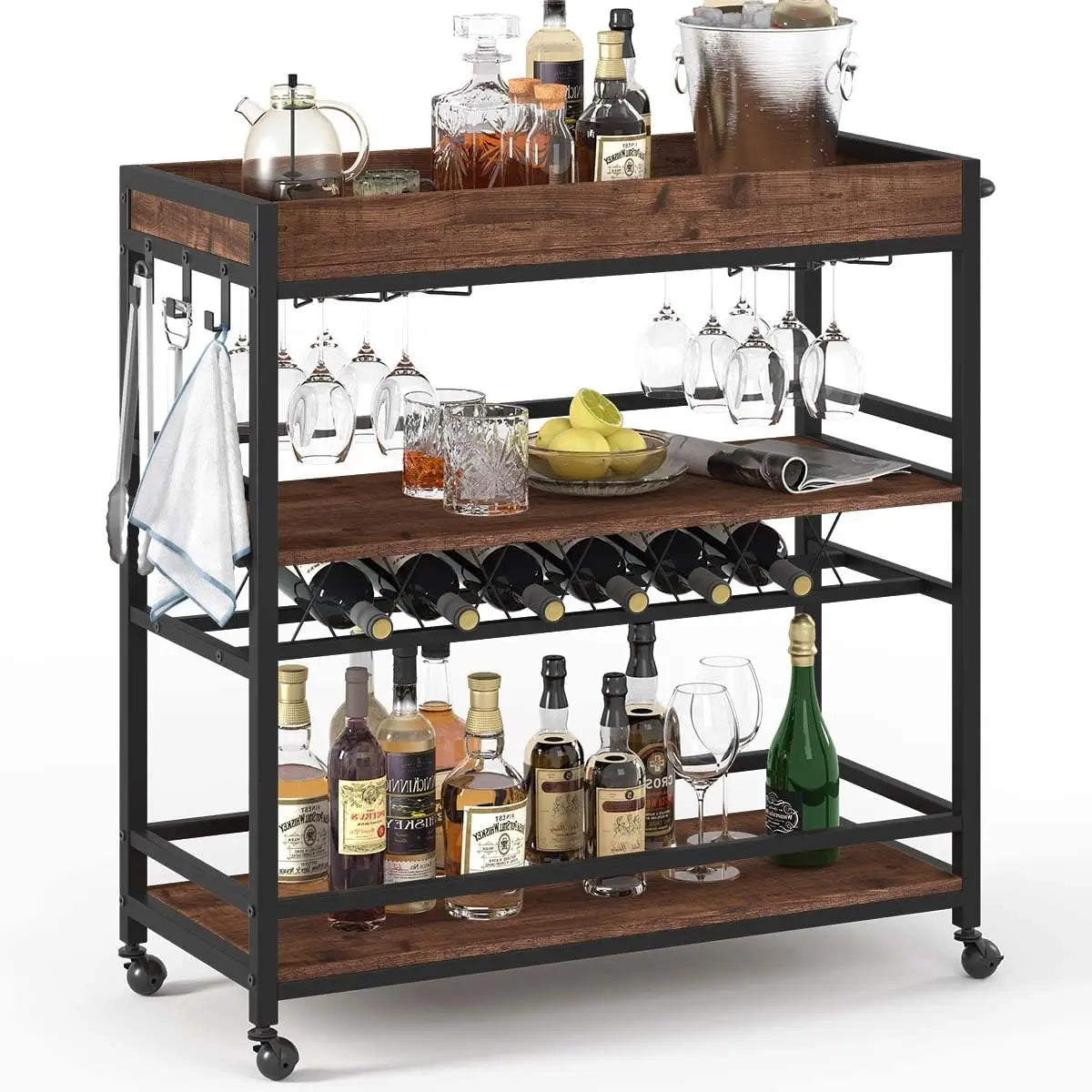 Bar Cart for The Home, Rolling Home Bar Serving Cart on Wheels, 3 Tier Liquor Beverage Cart for Home Bar