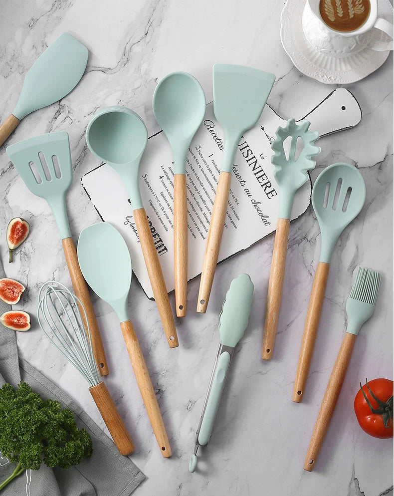 12pcs/set, Silicone Cooking Utensils Set With Wooden Handle, Colorful Non-stick Pot Special Cooking Tools Set, Heat Resistant