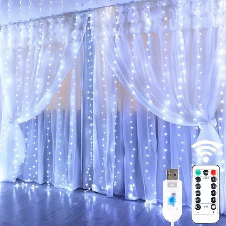 LED Curtain String Lights Christmas Garland Decor Fairy Light 8 Modes USB Remote Control Wedding Holiday Party for Bedroom Home