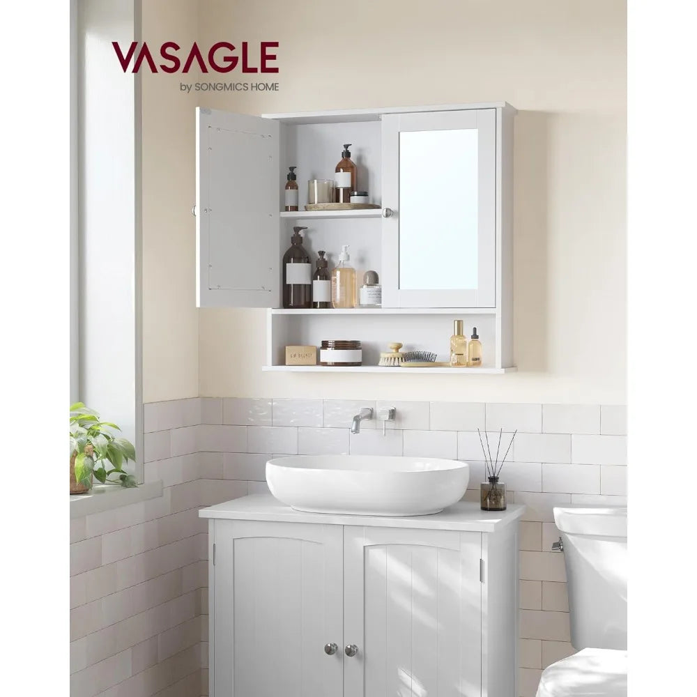 Bathroom Cabinet with Mirror, Wall Cabinet with 2 Mirrored Doors, Adjustable Shelf, Open Compartment, Wall-Mounted